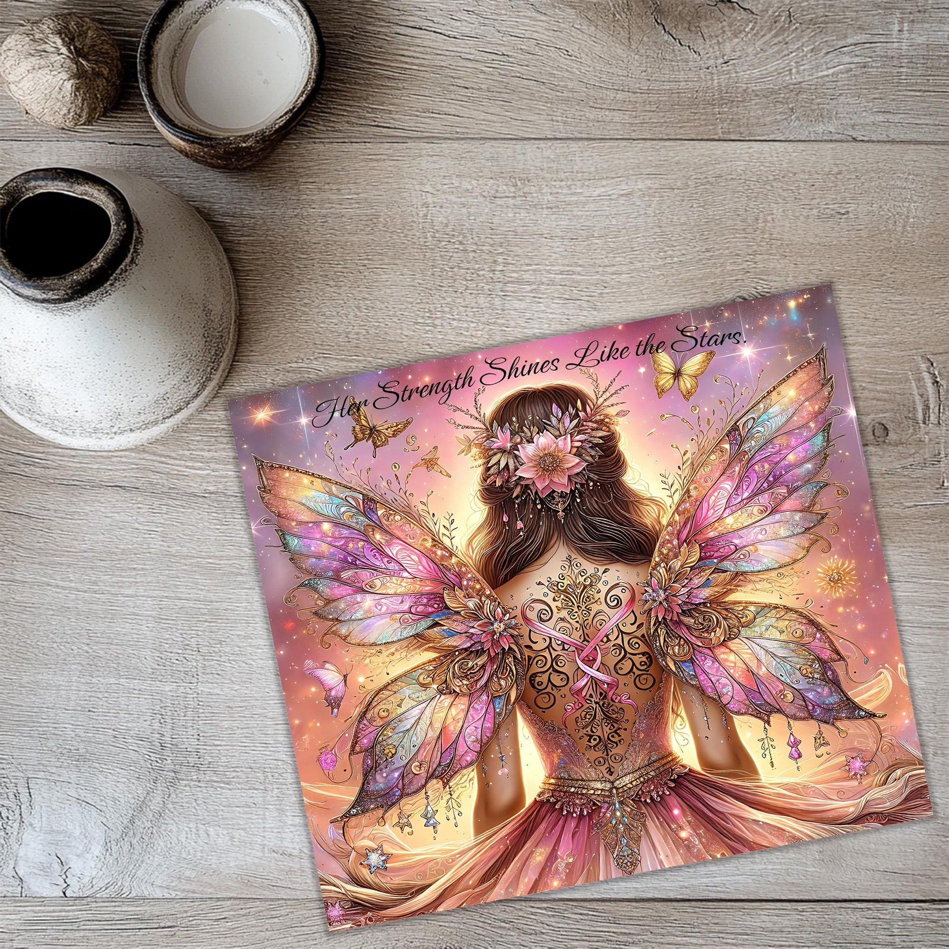 a card with a picture of a fairy with wings