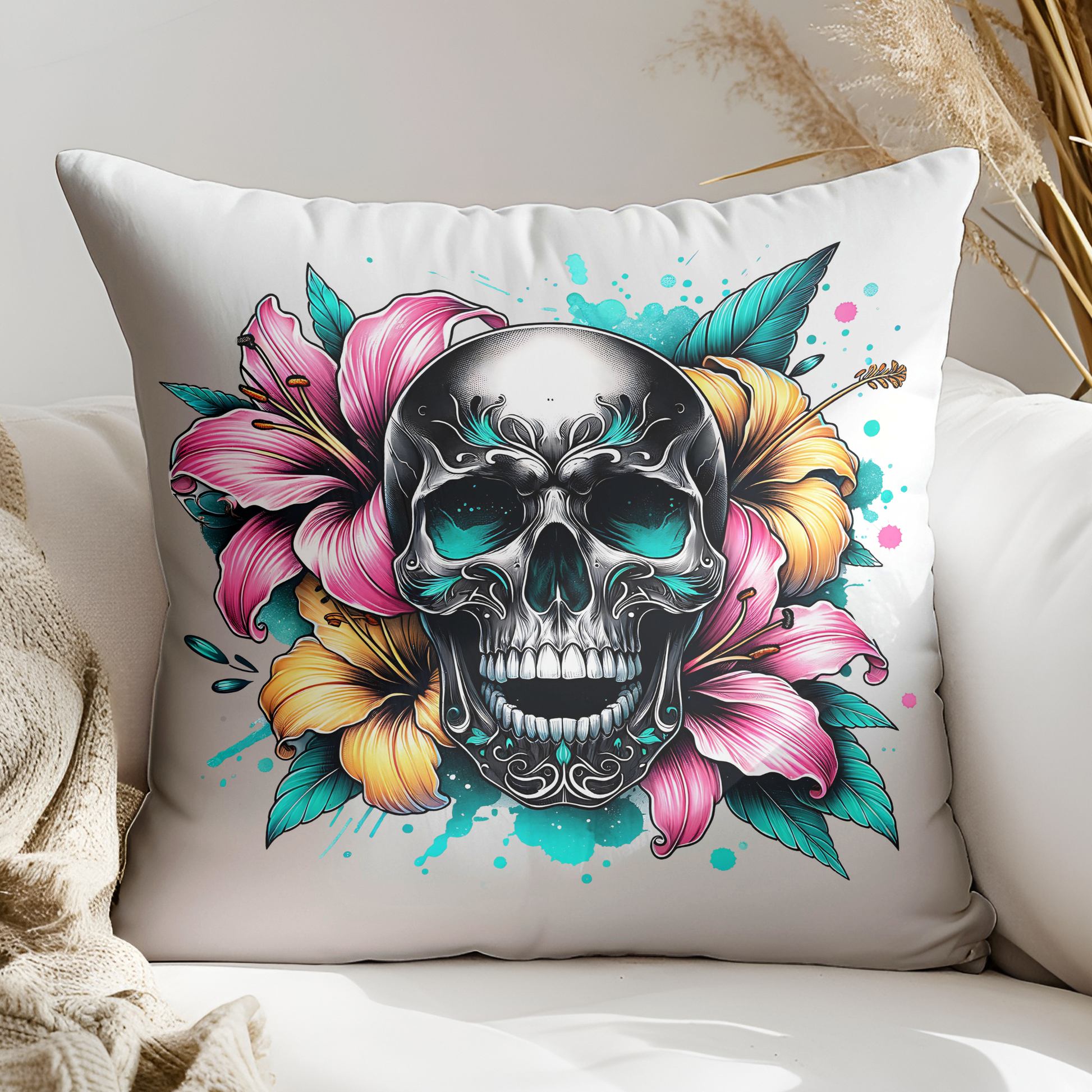 a pillow with a skull and flowers on it