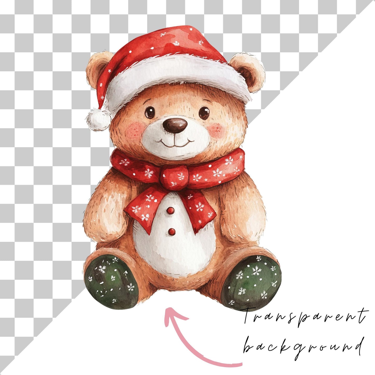 Watercolor Christmas Teddy Bear Clipart