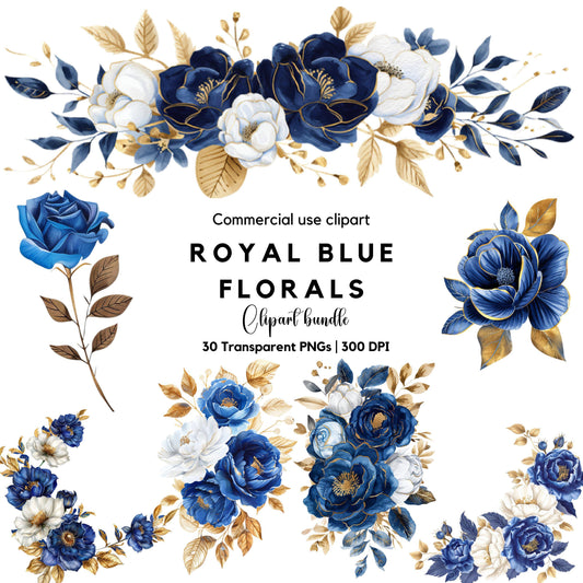 Clipart floral azul real en acuarela