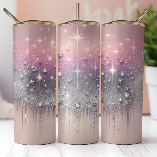 a set of three pink and purple tumbles with stars and sparkles on them
