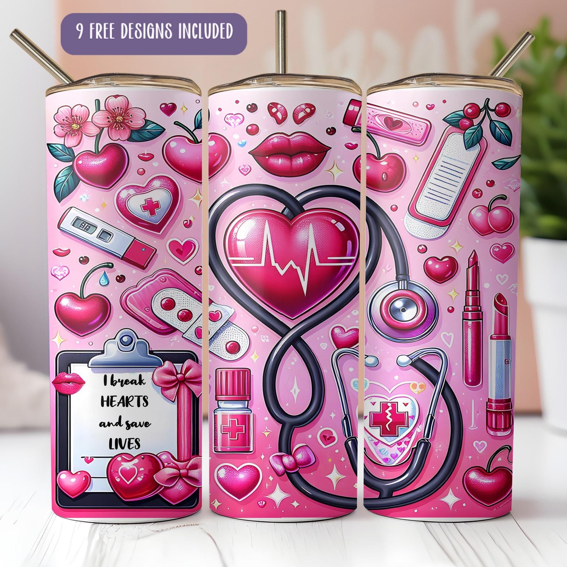 a pink box with a stethoscope, a heart, a steth