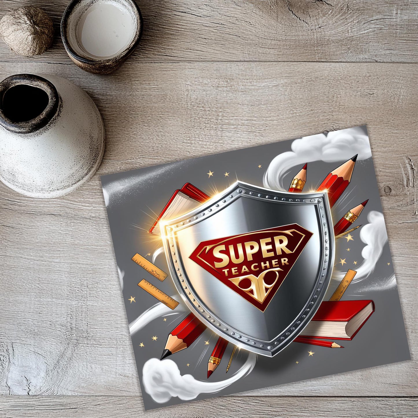 a picture of a super teacher shield surrounded by pencils