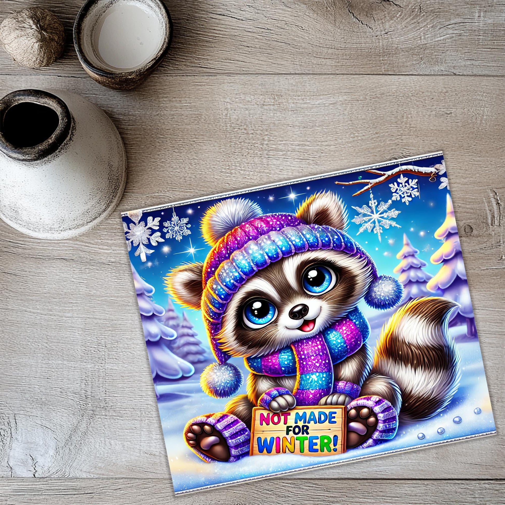 a picture of a raccoon wearing a hat and scarf