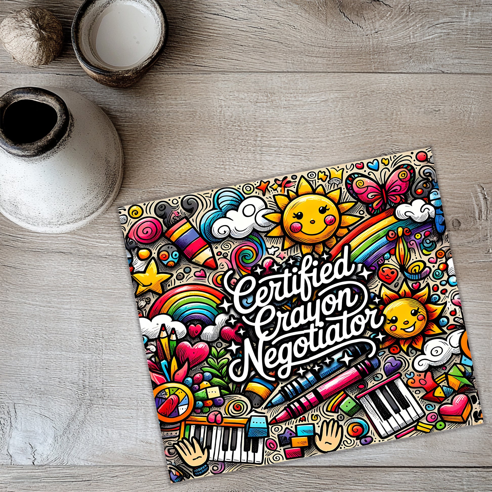 a colorful, whimsical, and playful design with various elements such as sun, flowers, clouds, and musical instruments. The text "Certified Crayon Negotiator" is prominently displayed in the center of the image, surrounded by the vibrant illustrations.