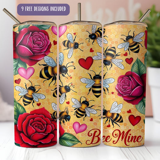three bees, roses, and hearts on a yellow background with the words be mine