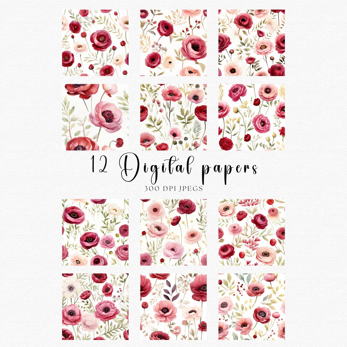 Papeles digitales con acuarela ruborizada y ranúnculos rojos