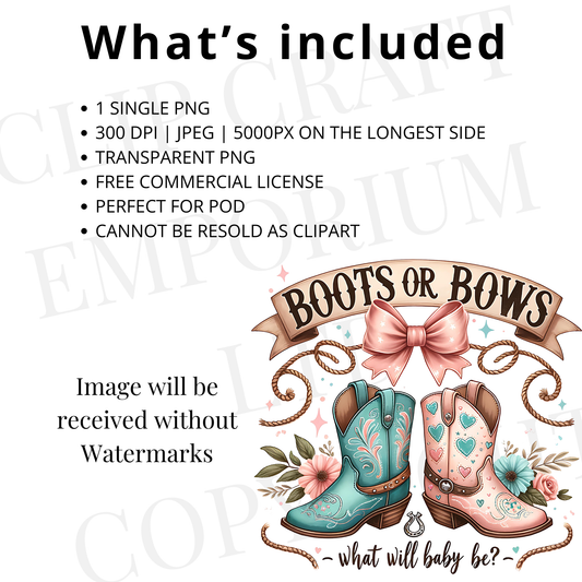 Cowboy Cowgirl Gender Reveal PNG – Boots or Bows Baby Shower Sublimation