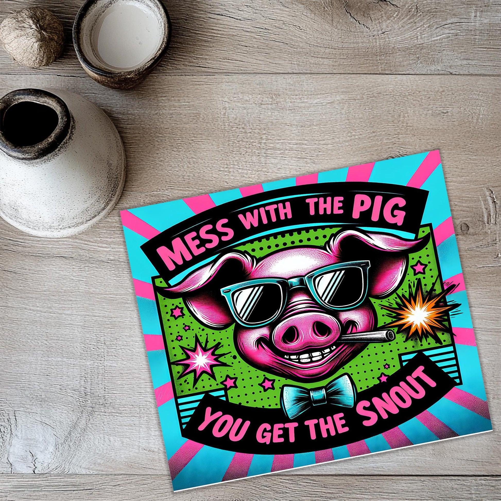 a picture of a pig wearing sunglasses and a bow tie