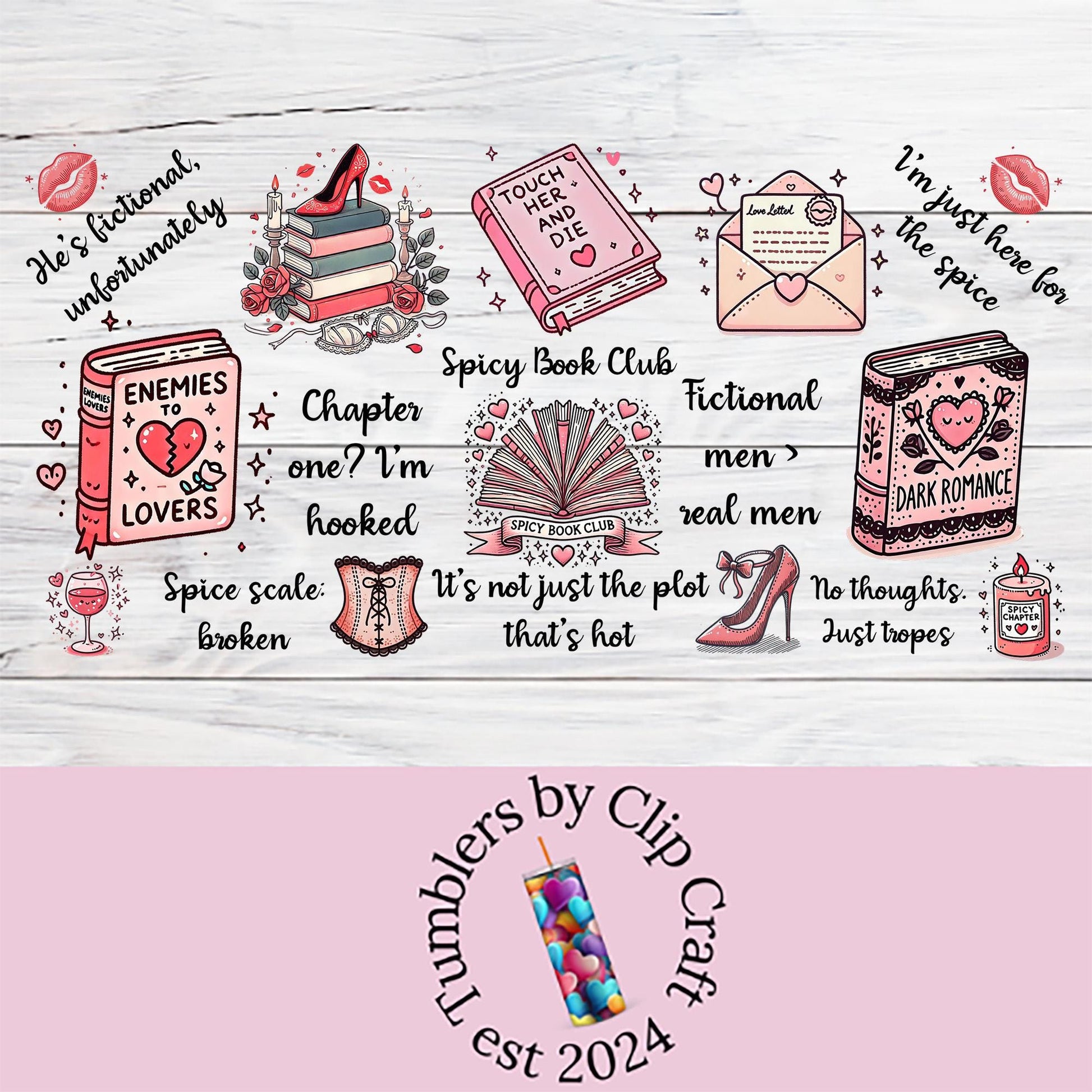 a pink and white background with a bunch of items on it