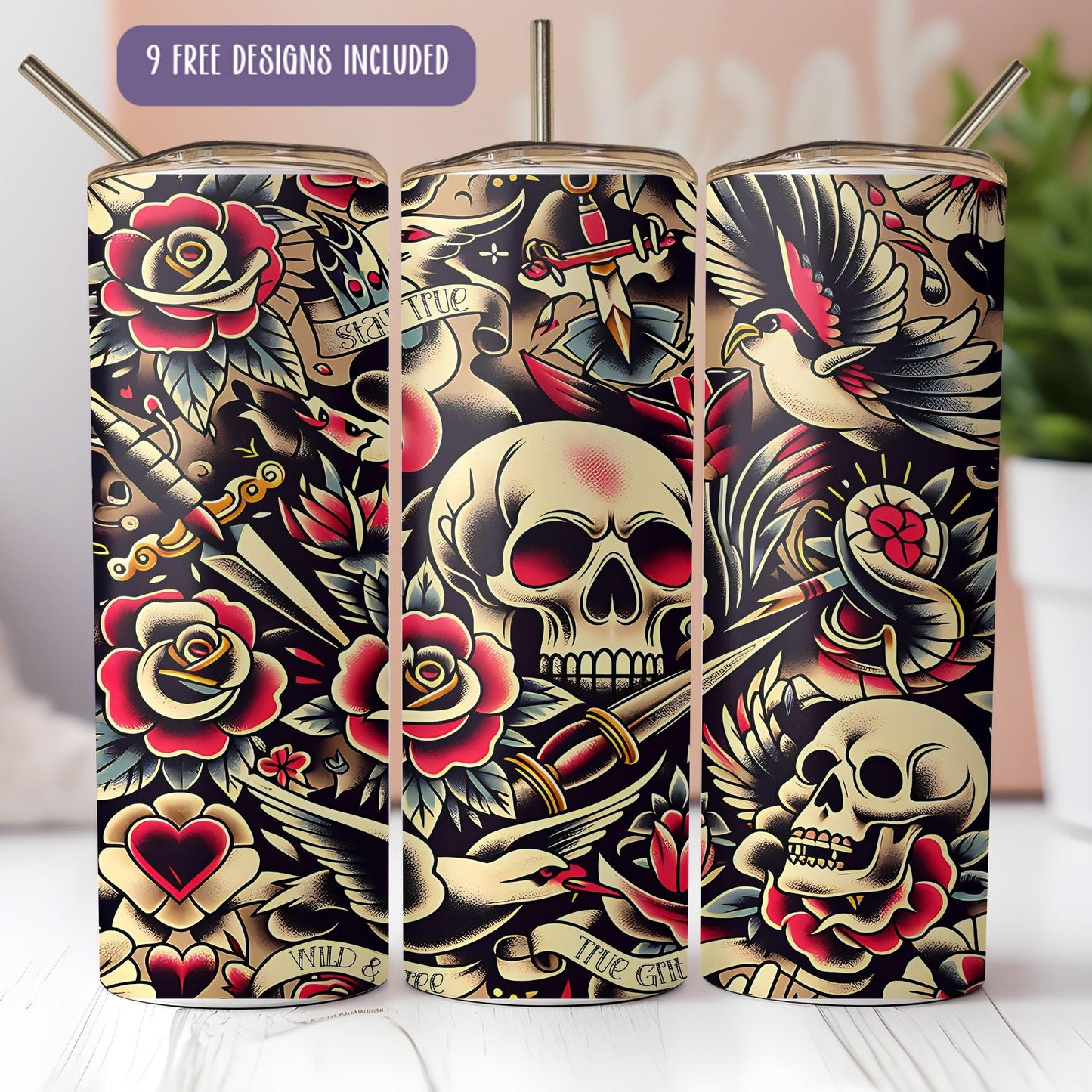 a set of three tumbles with skulls and roses on them
