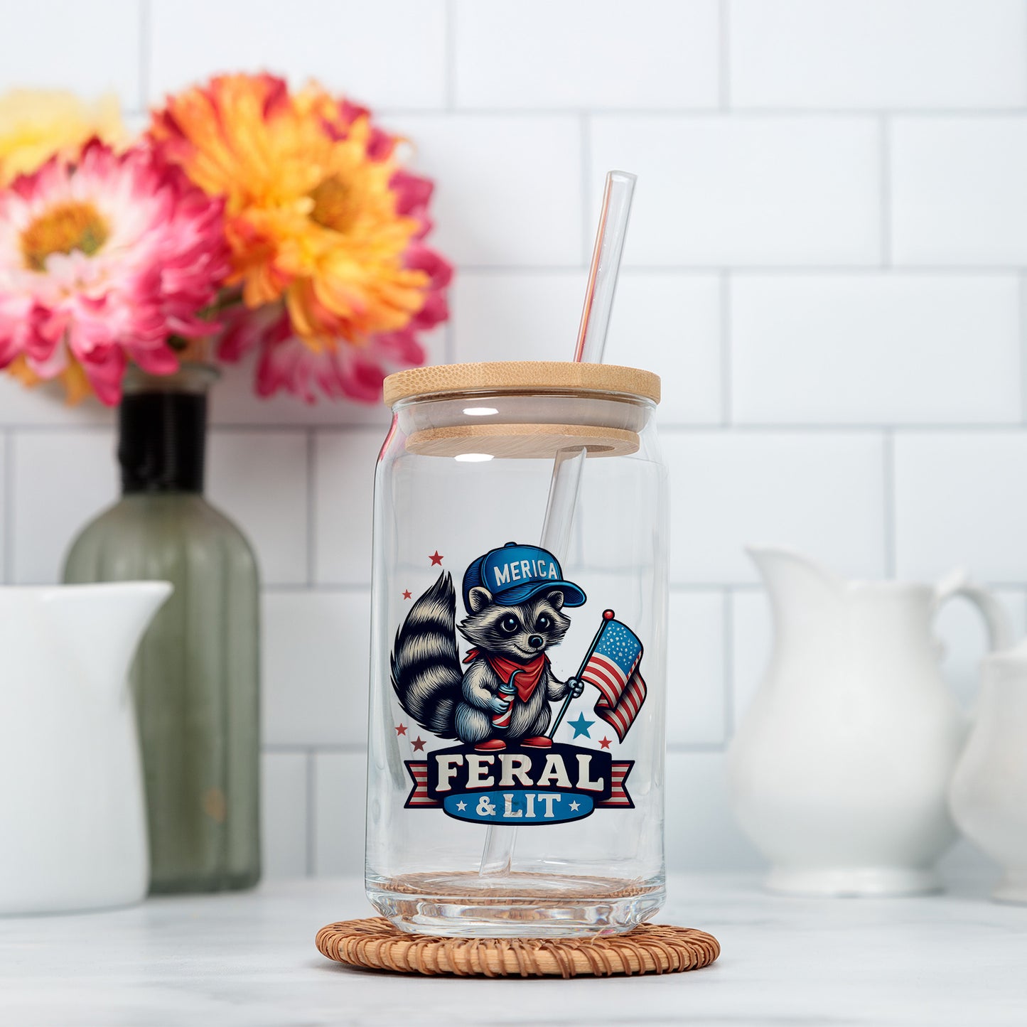 a glass jar with a straw in it sitting on a counter