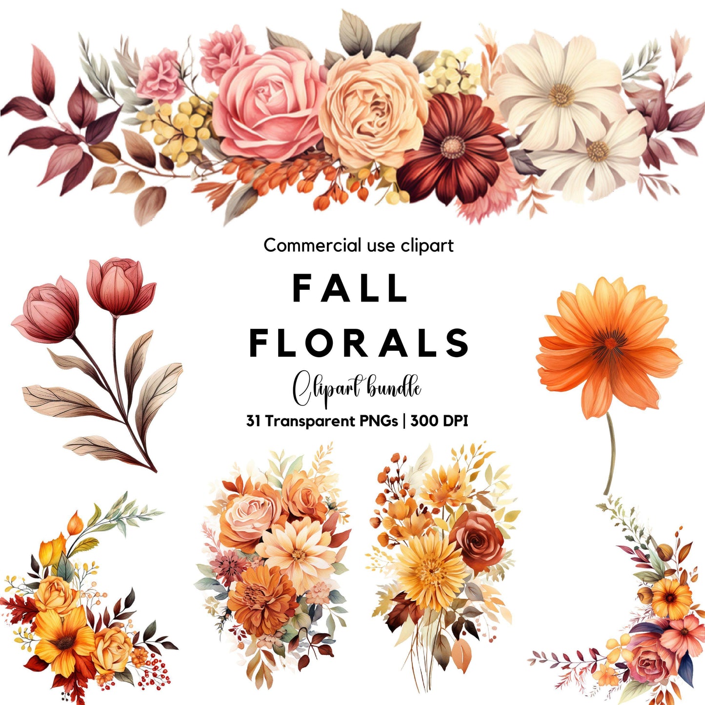 Clipart floral de otoño en acuarela