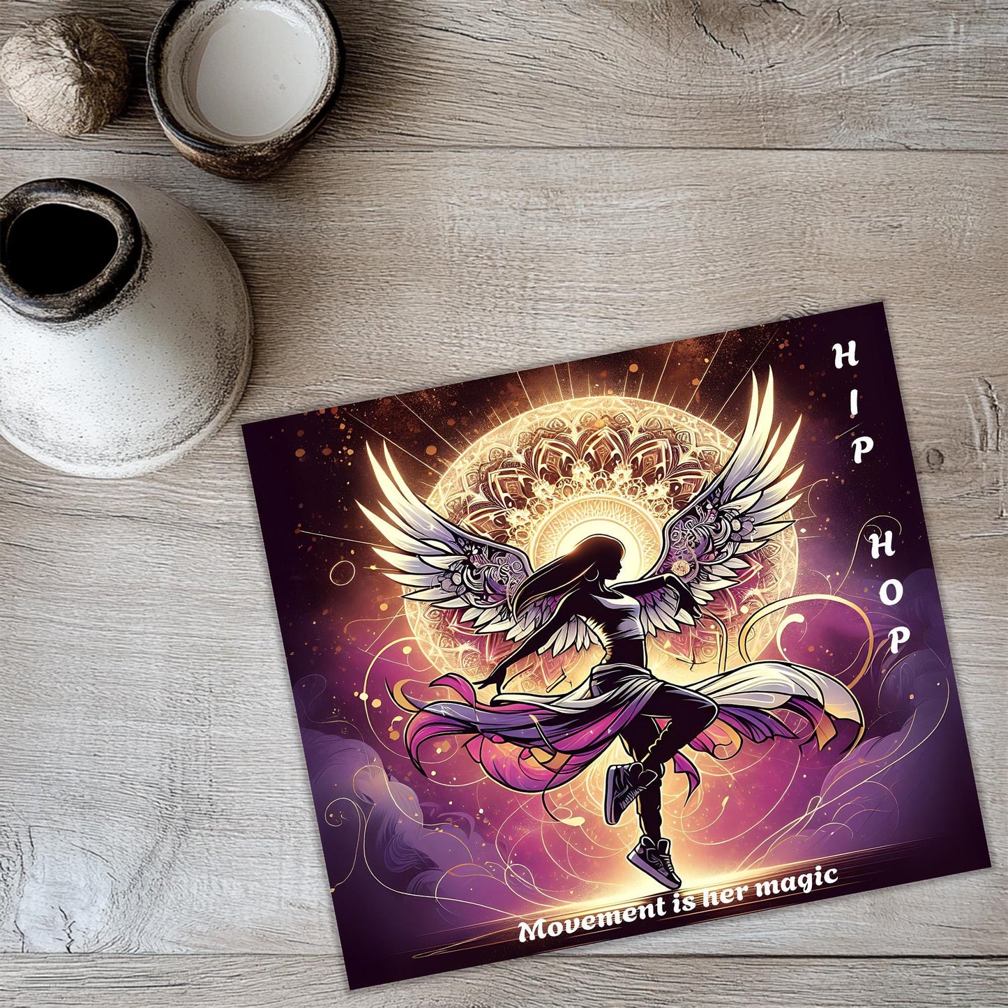 a card with a picture of a woman with wings