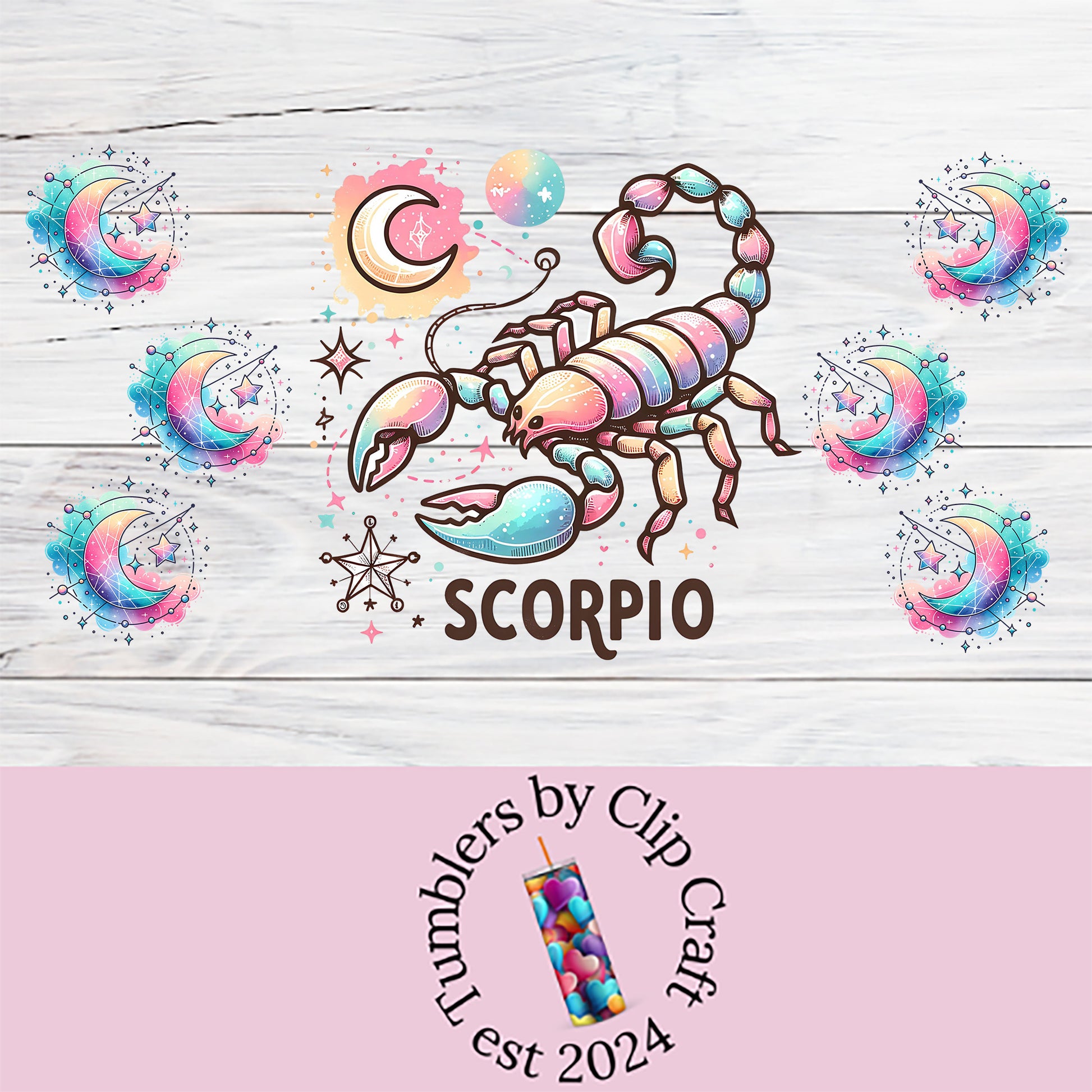 a colorful scorpion on a white wooden background