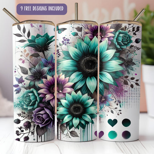 a set of three flower themed tumbles sitting on top of a table