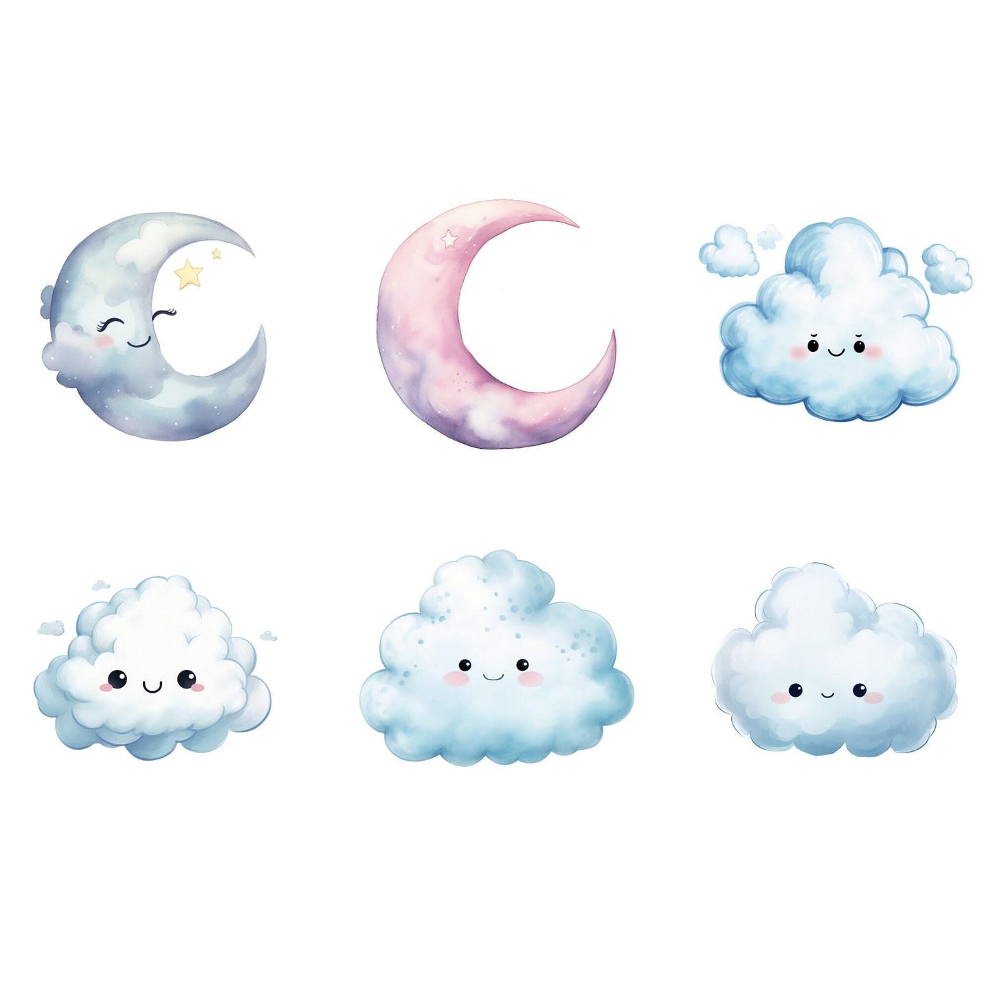 Watercolor Moon Star and Clouds Clipart
