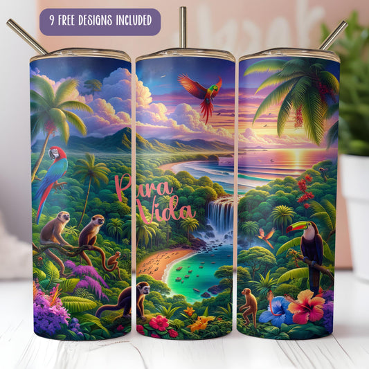 a set of three travel mugs with a tropical scene