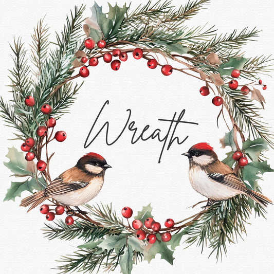 Winter Wreath with Birds Clipart Single