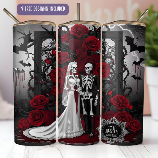 a couple dressed up as a skeleton and bride