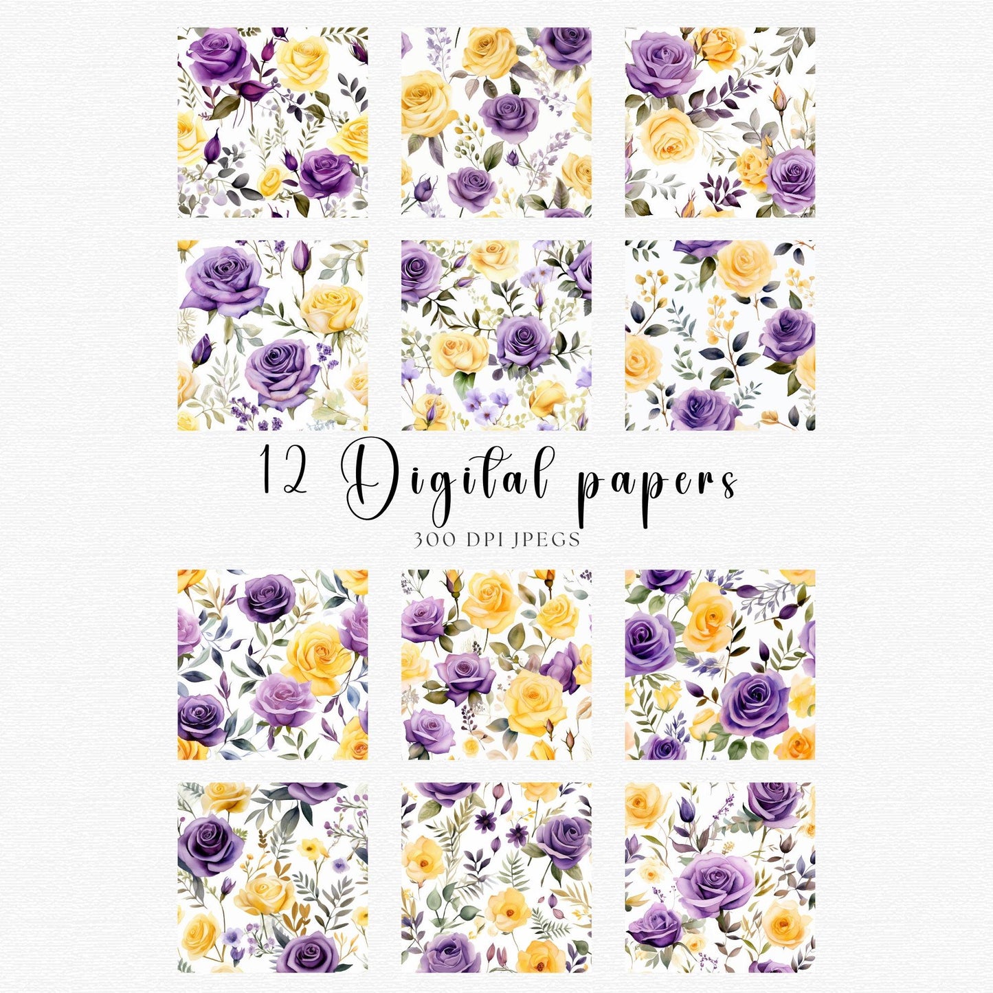 Papeles digitales morado oscuro, lila y rosa amarilla