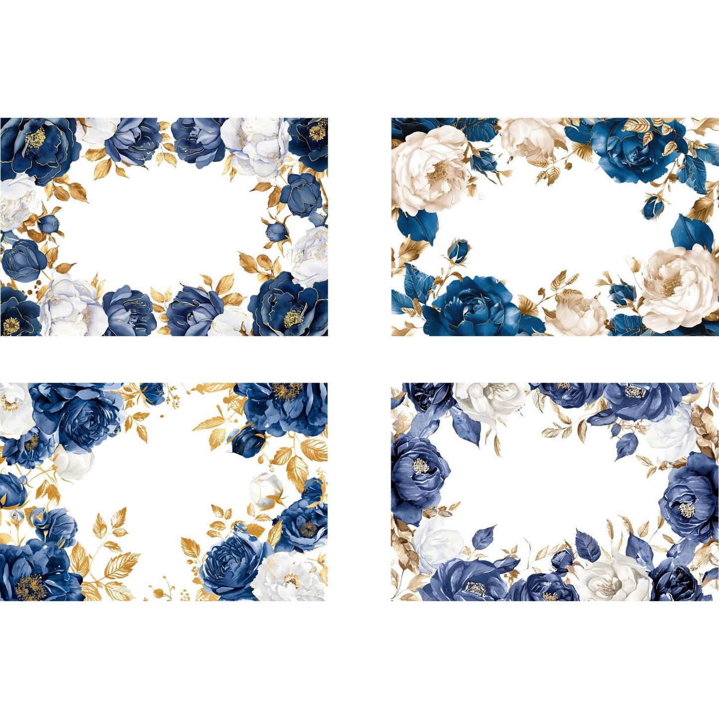 Clipart de marco floral azul real en acuarela