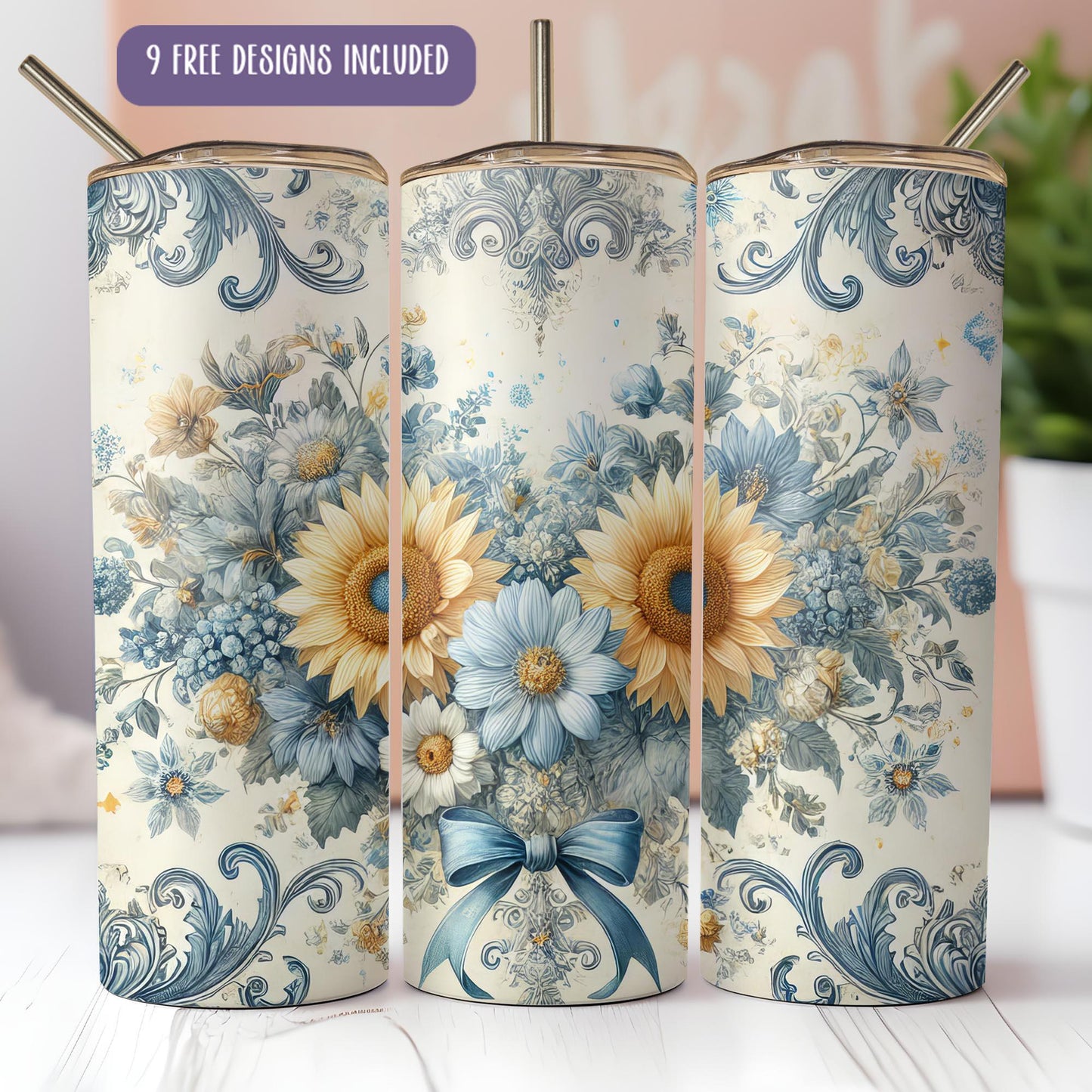 a set of three ceramic vases with sunflowers on them