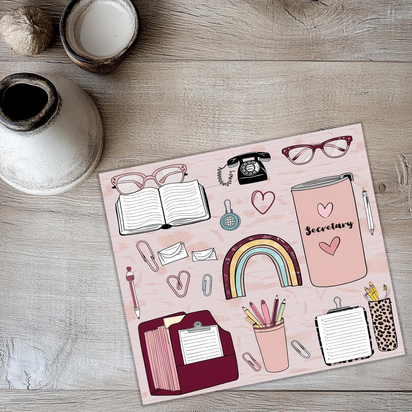 a pink notebook with school supplies on top of it