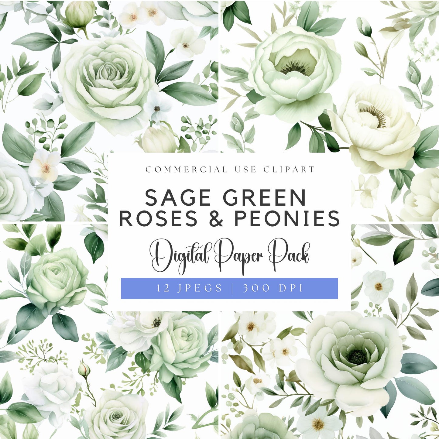 Papeles digitales de rosas y peonías verde salvia