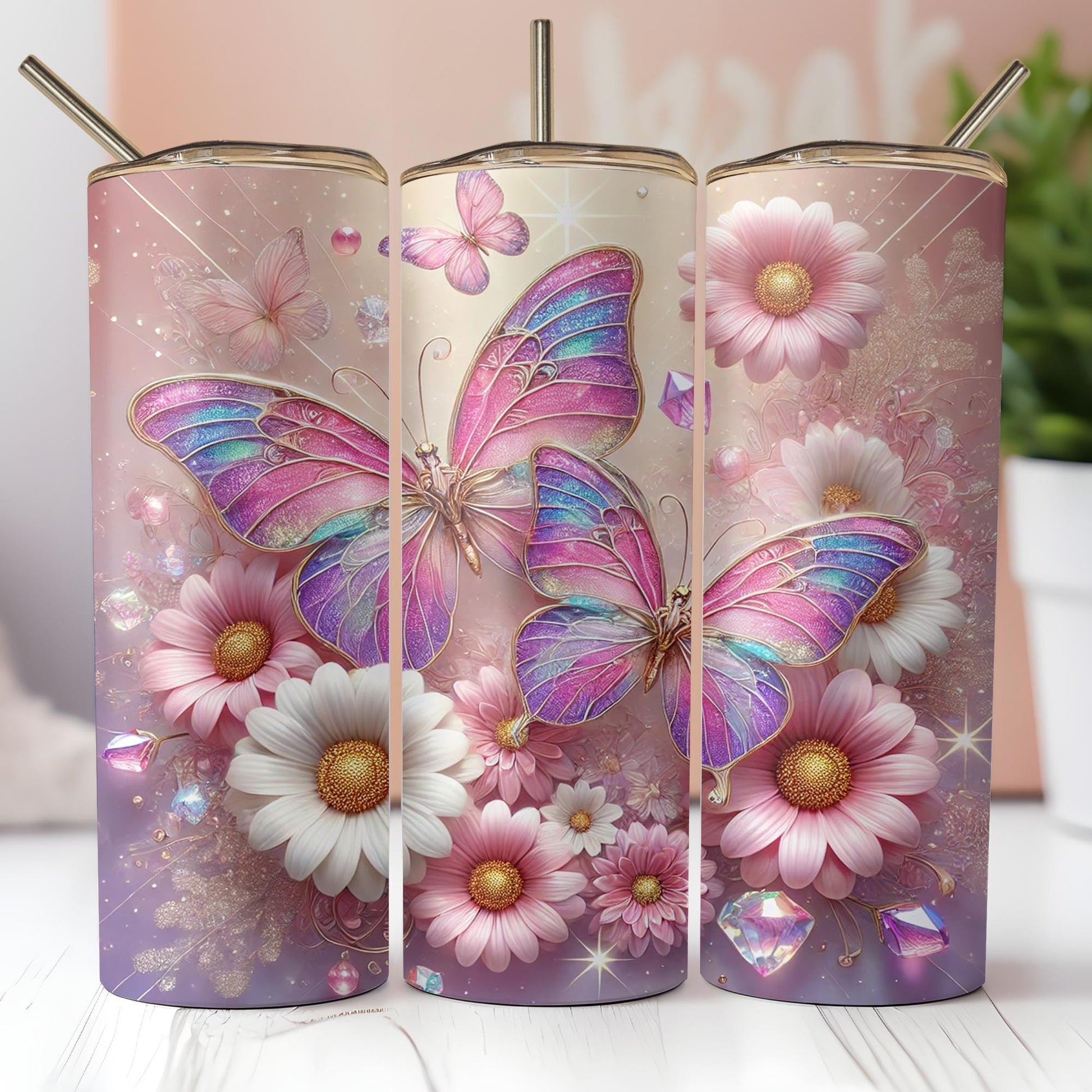 a set of three vases with butterflies on them