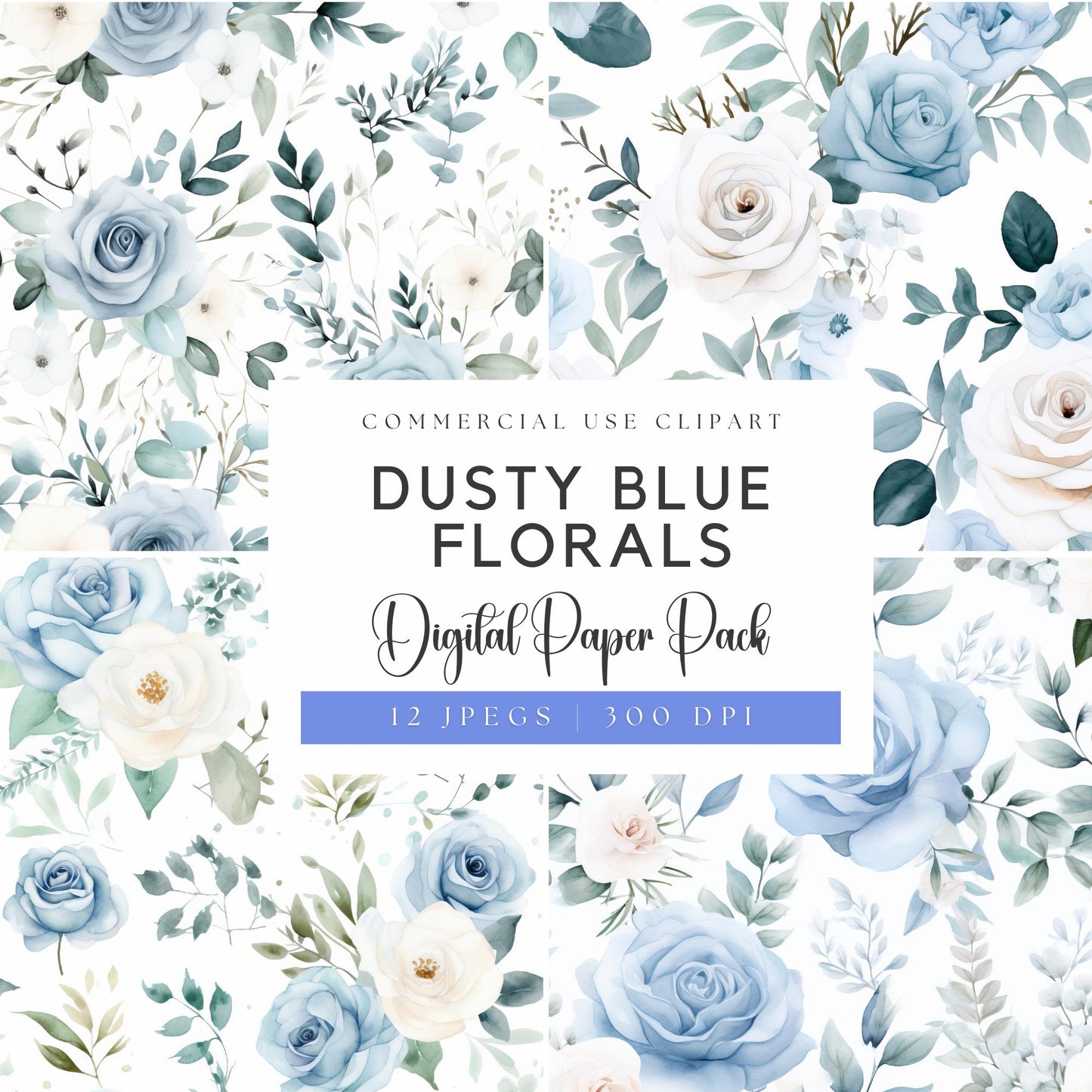 Papeles digitales florales en azul polvoriento