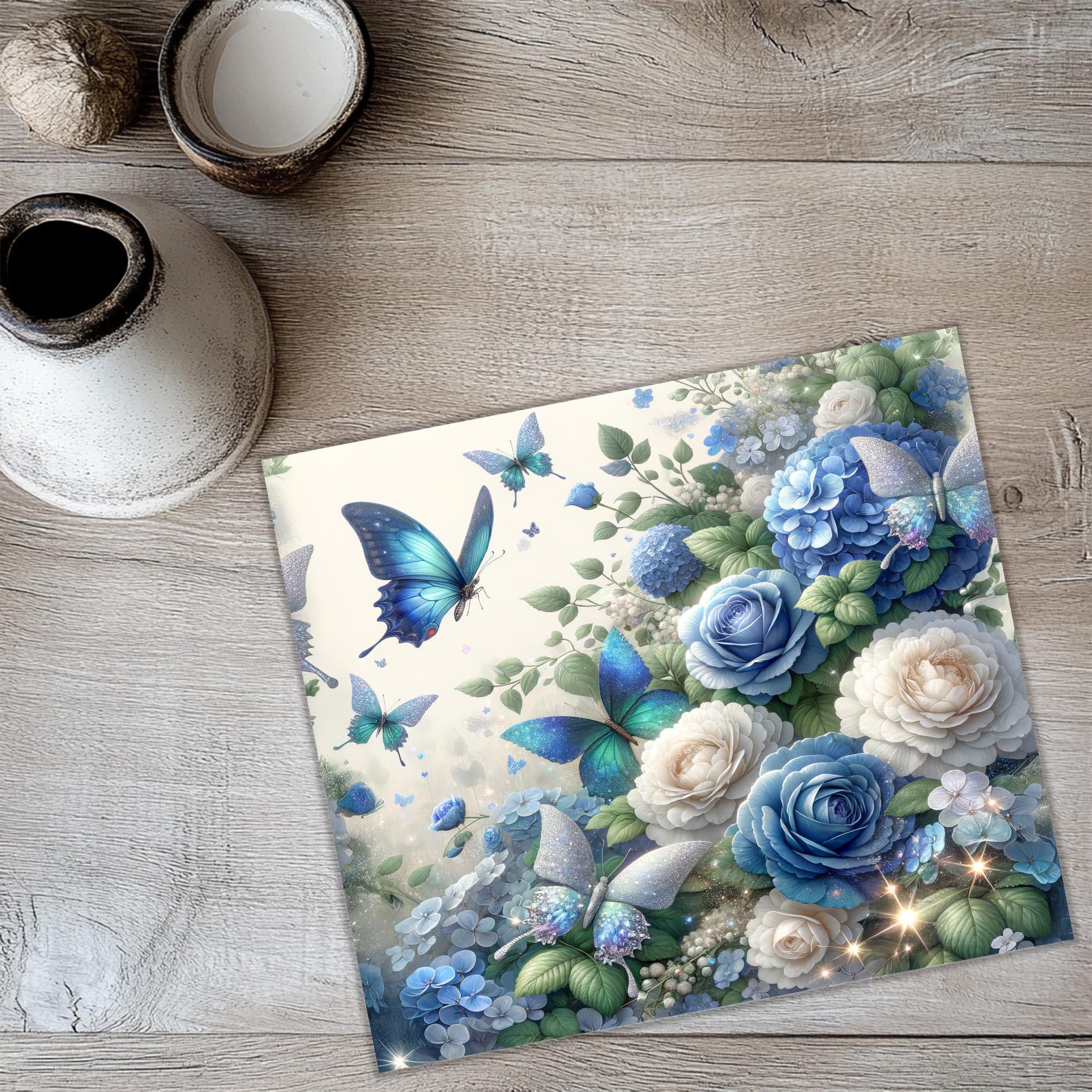 a painting of blue flowers and butterflies on a wooden floor