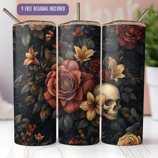 a set of three coffee mugs decorated with flowers and a skull