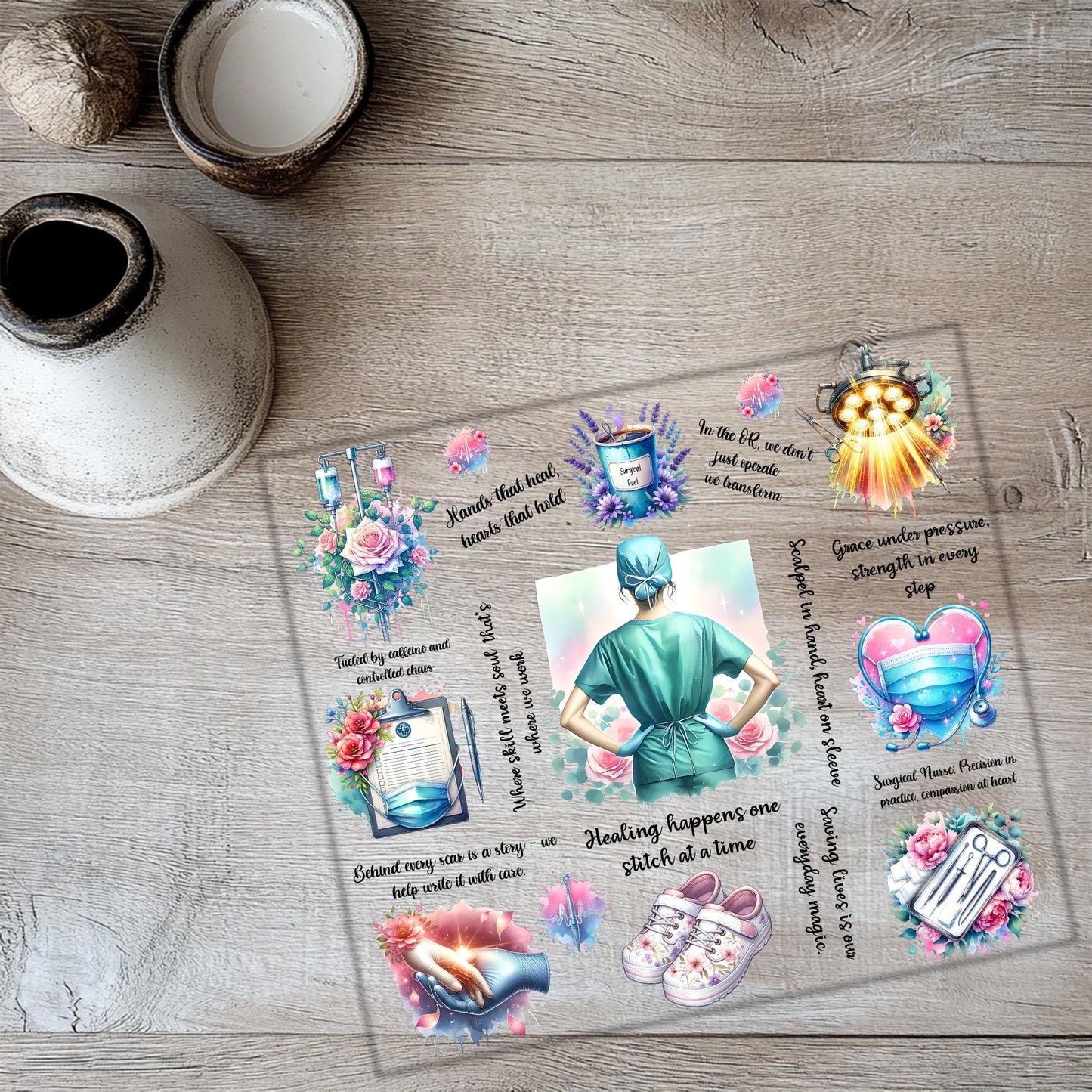 a table topped with a glass plate covered in stickers