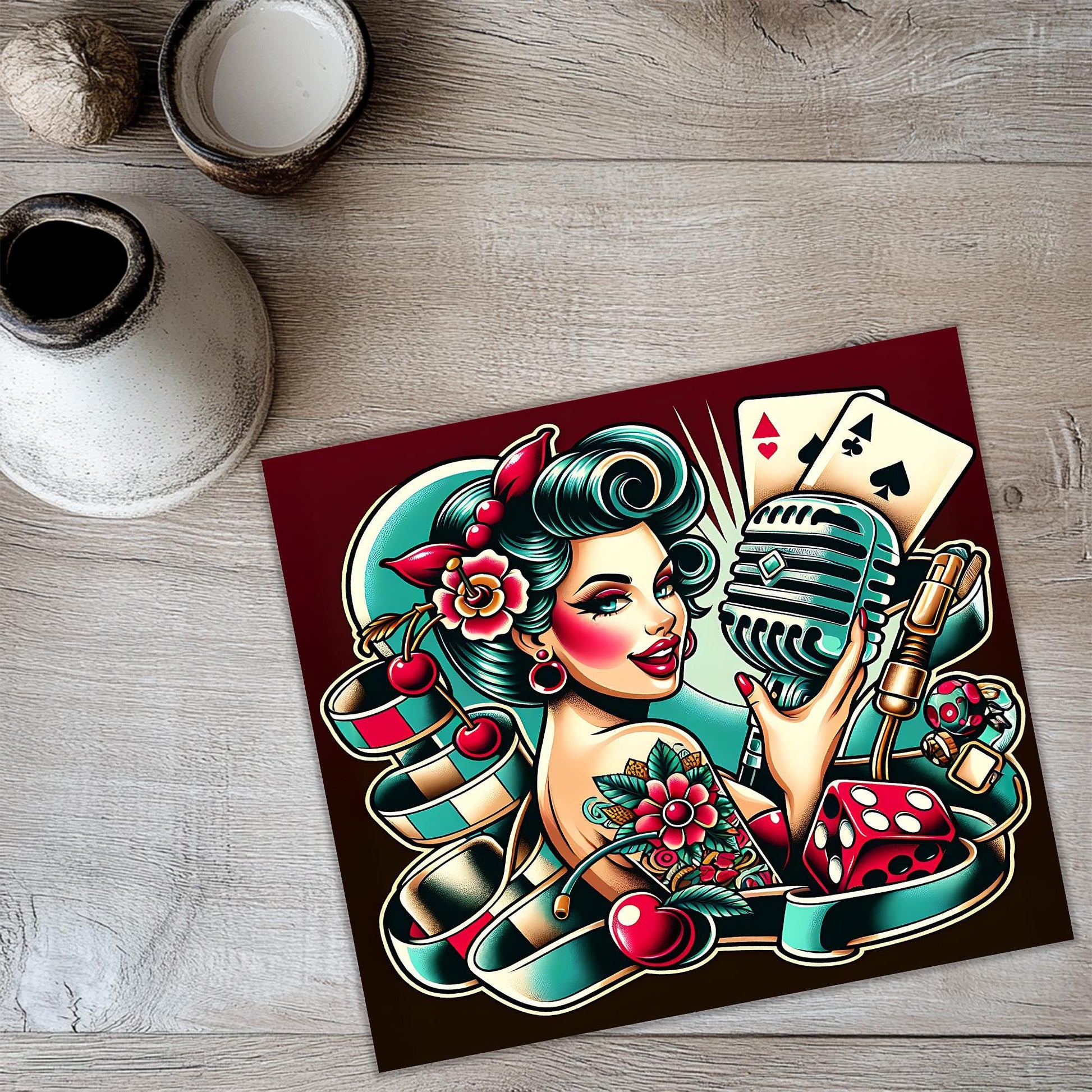 a picture of a woman holding a microphone and playing cards