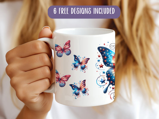 a woman holding a coffee mug with butterflies on it