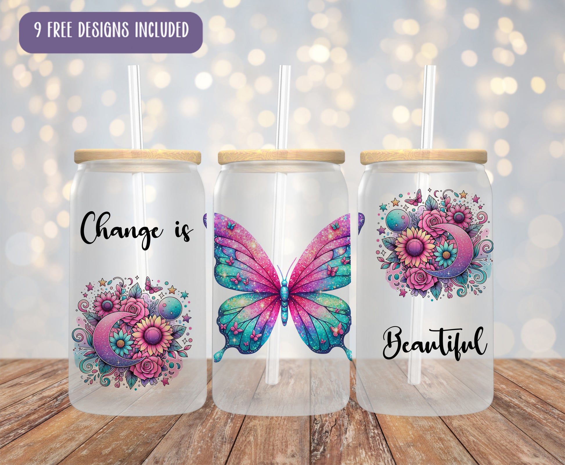 three personalized tumblers with butterflies and flowers on them