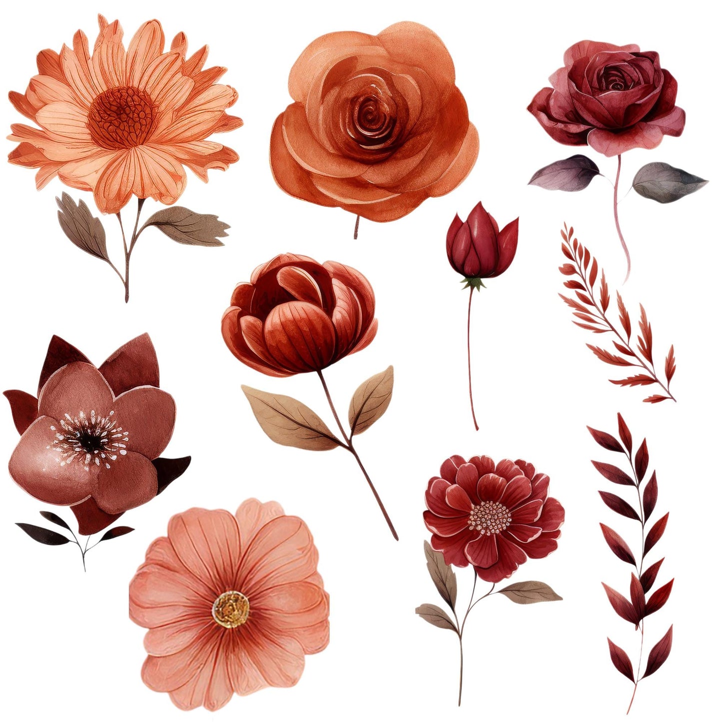 Clipart floral en tonos burdeos y óxido