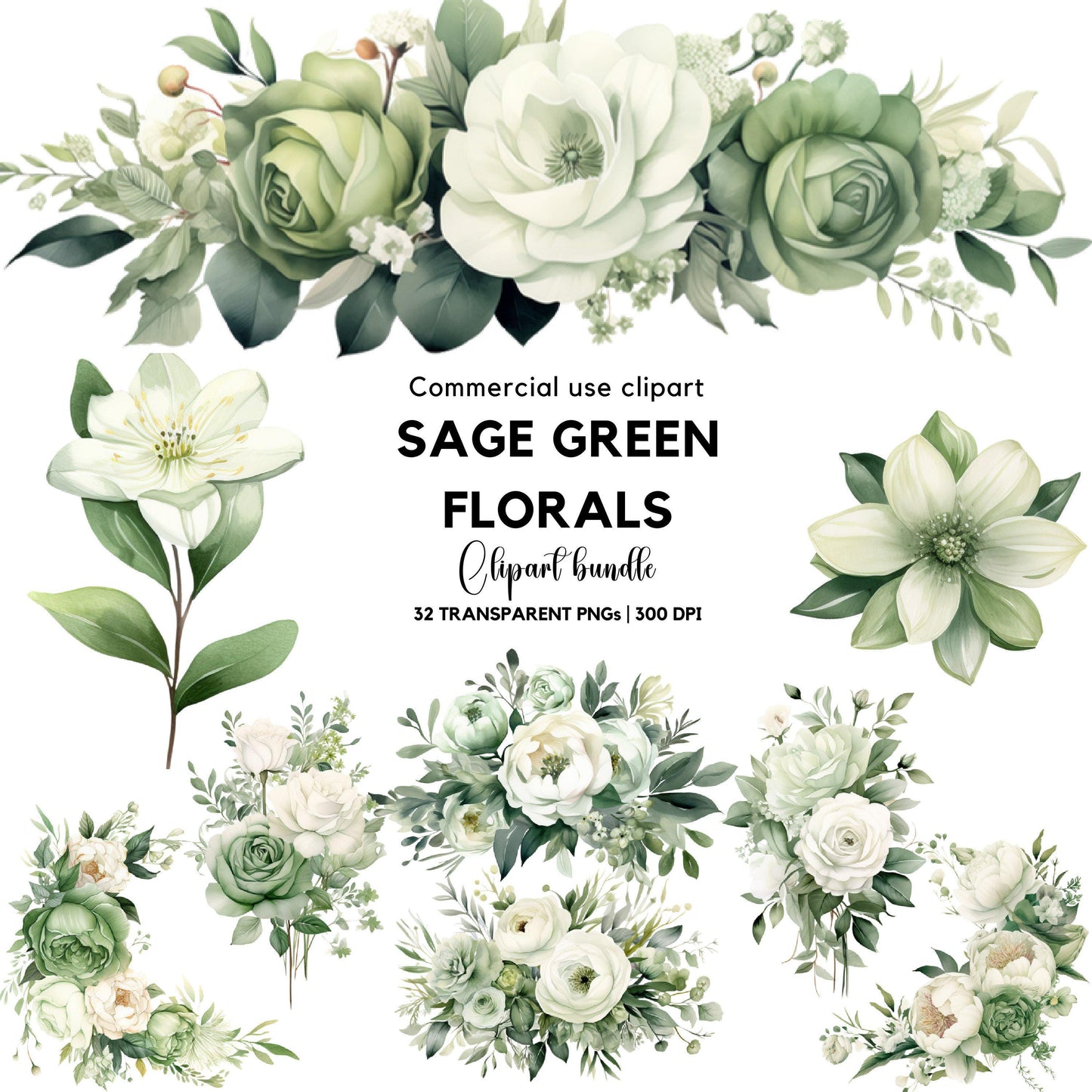 Watercolor Sage Green Floral Clipart