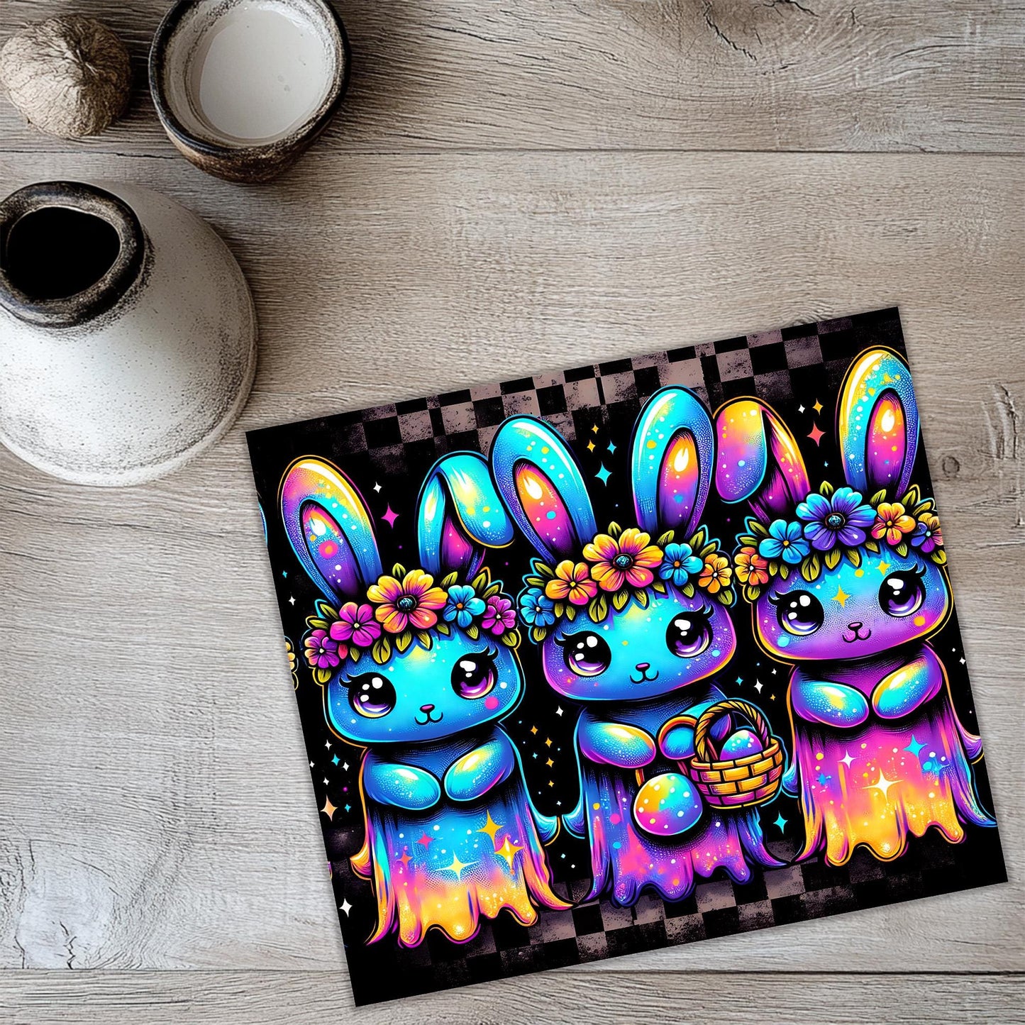 a painting of three little bunnies with flowers in their hair