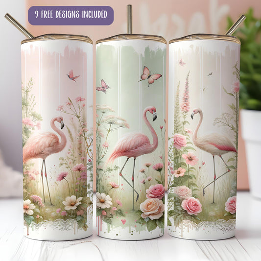 three pink flamingos with flowers and butterflies painted on them