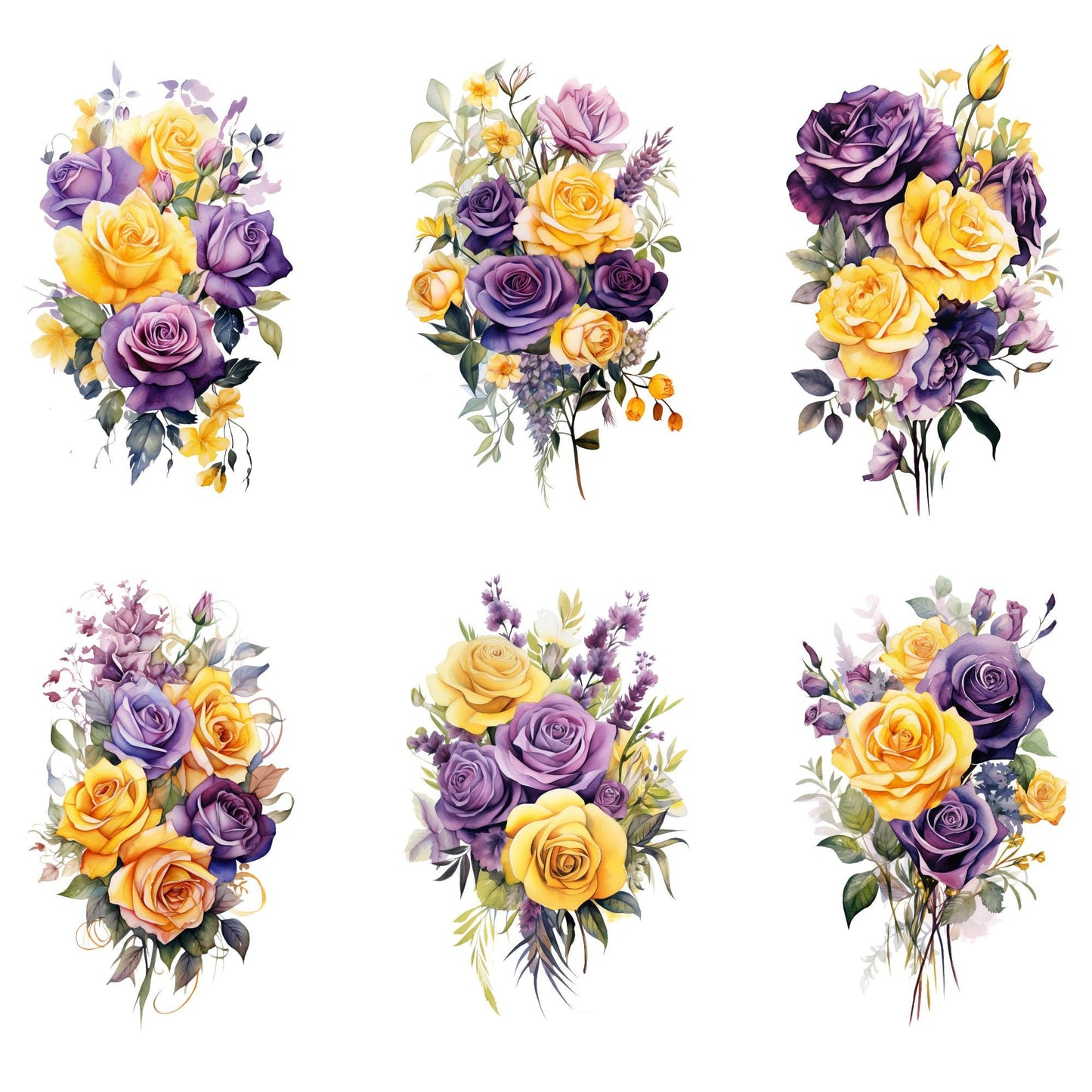 Clipart de rosas de color morado oscuro, lila y amarillo