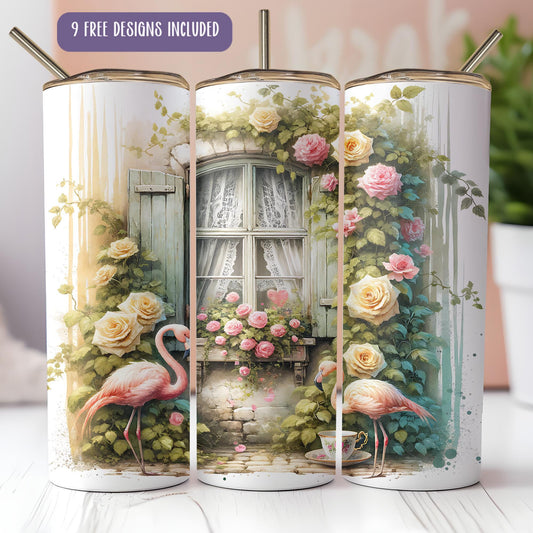 a couple of pink flamingos standing in front of a window