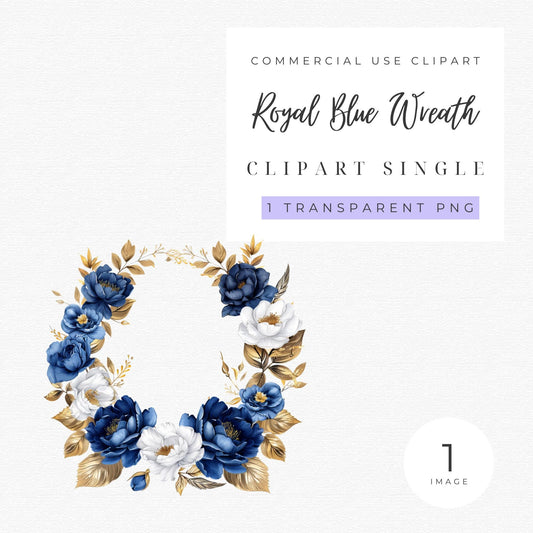 Watercolor Royal Blue Floral Wreath Clipart