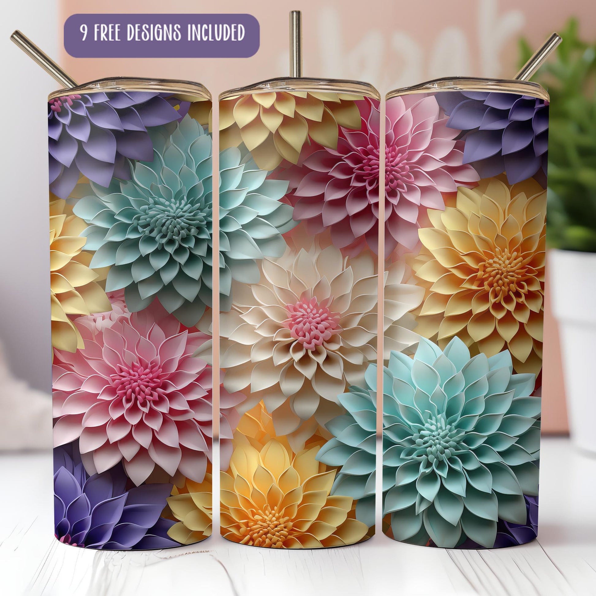 a set of three colorful paper flowers on a table