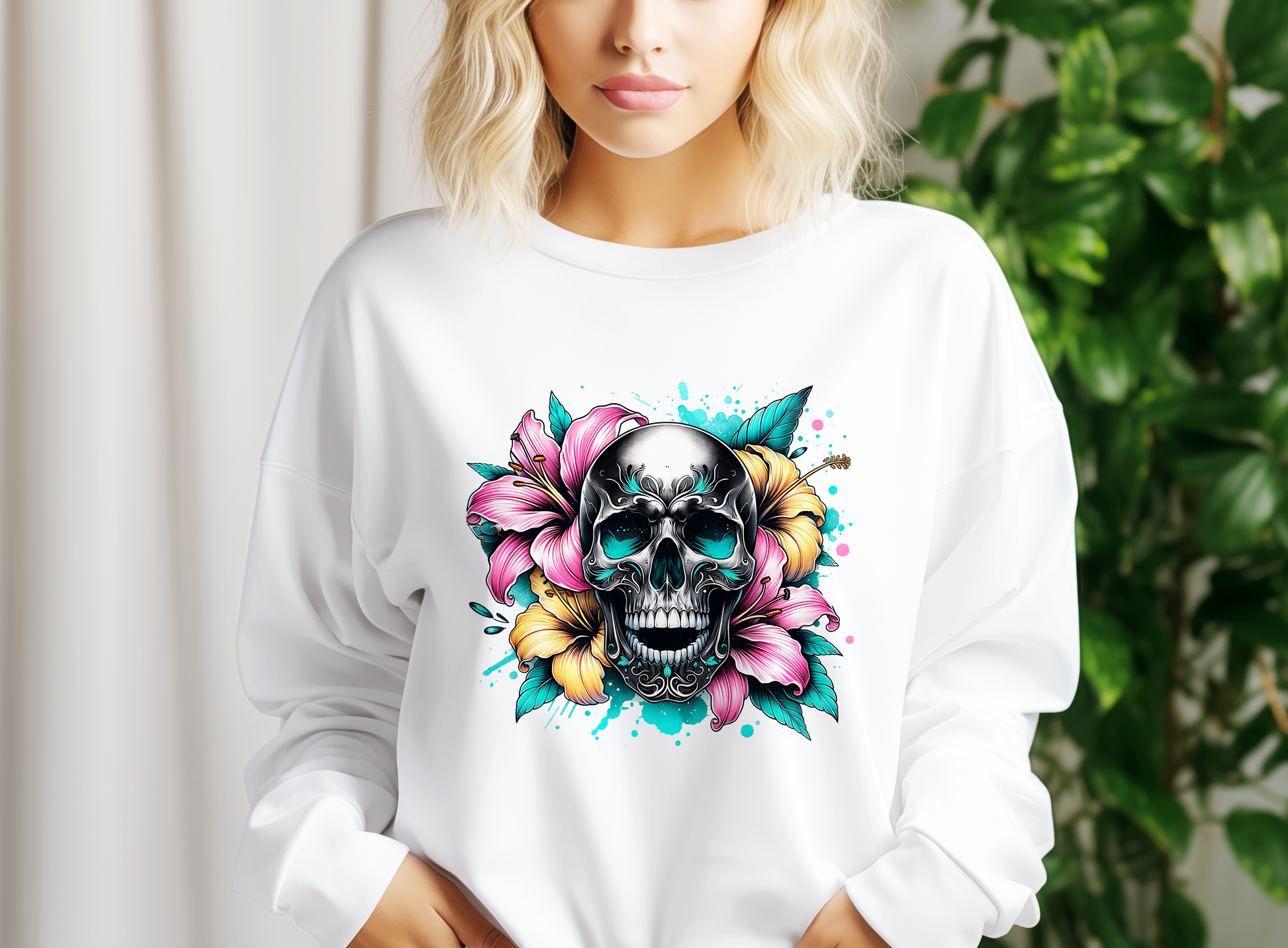 a woman wearing a white sweatshirt with a skull and flowers on it