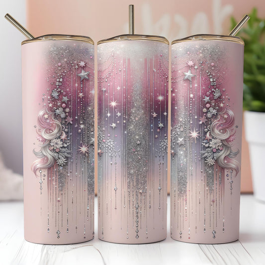 a couple of pink and silver canisters sitting on top of a table