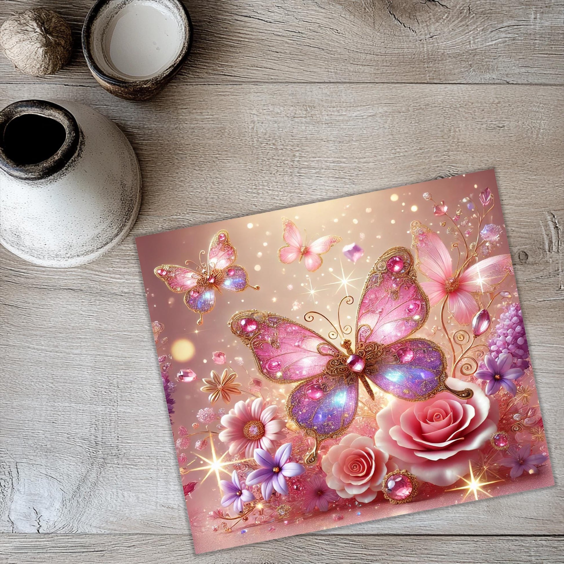 a picture of a butterfly and flowers on a table