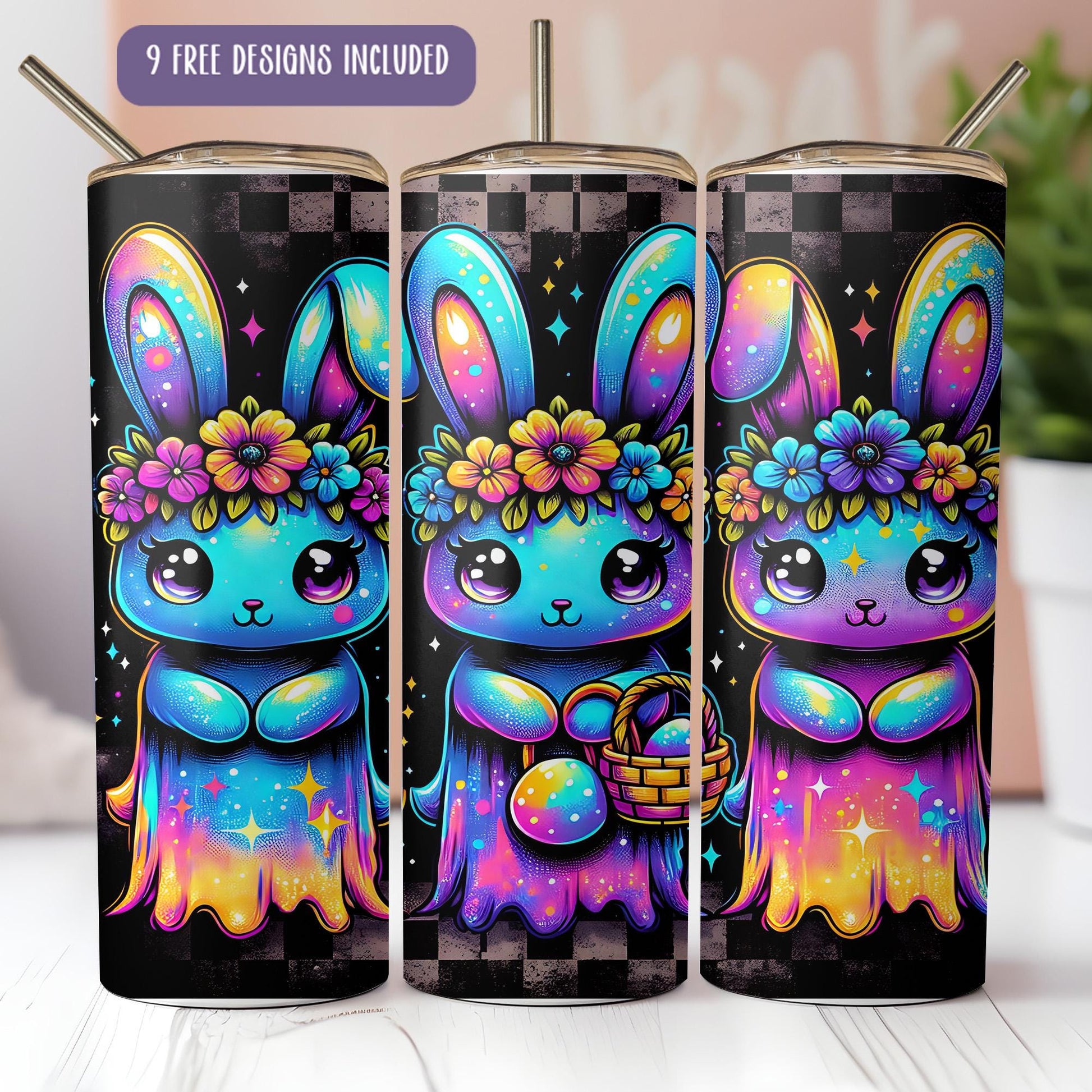 a set of three tumbles with a picture of a bunny holding a basket