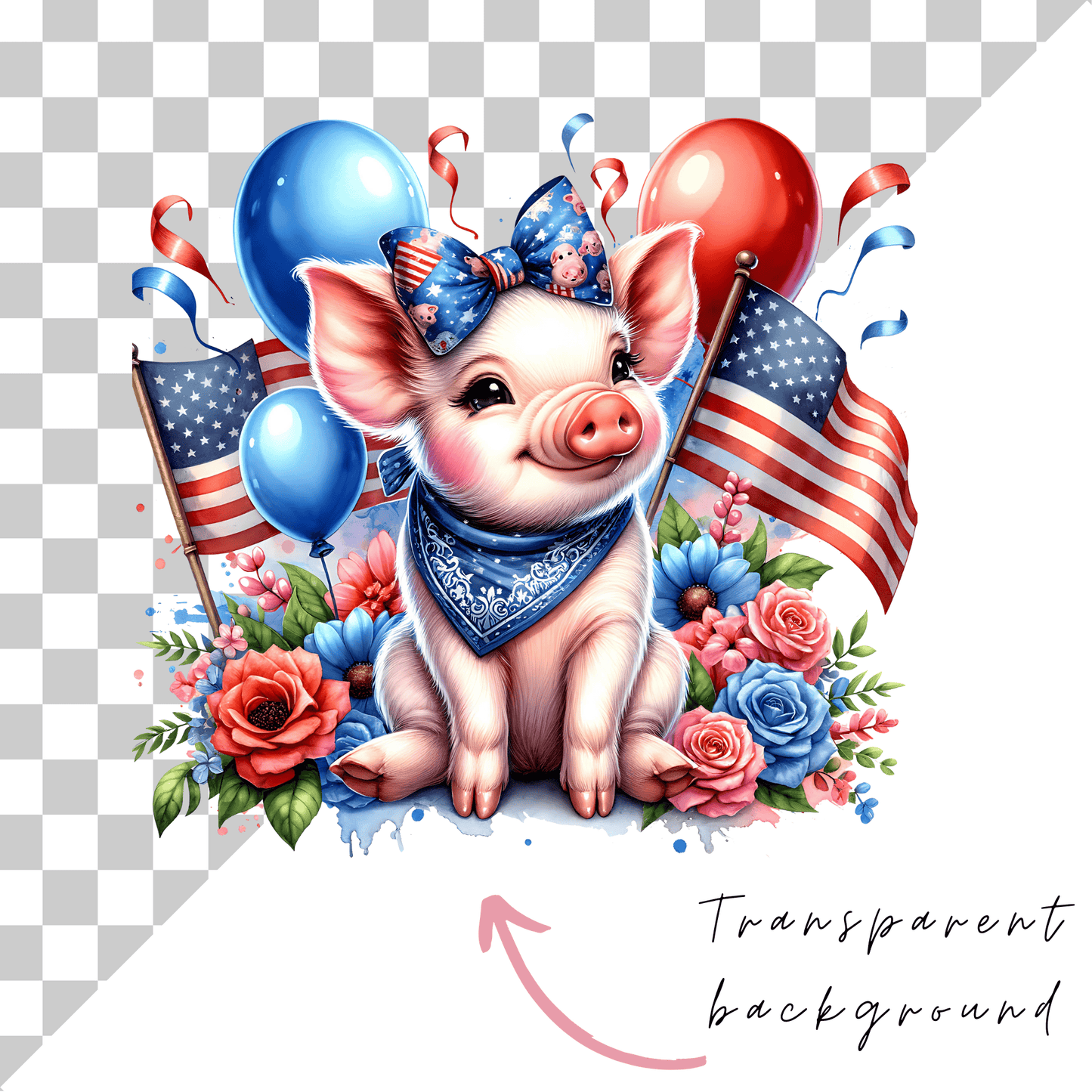a pig with balloons and a flag on a checkered background